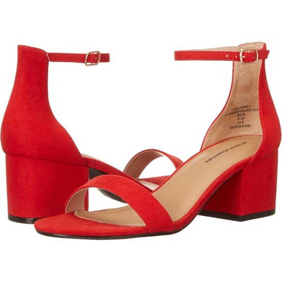 Women Poppy Red Faux Suede Two Strap Open Rounded Toe Chunky Block Heeled Sandal - Picture 6 of 8